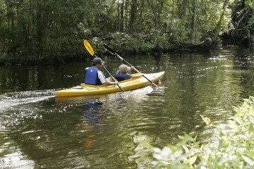Father and son in tandem kayak